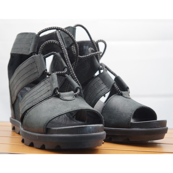 SOREL Women's Joanie Sandal Size 9 Black Leather Strappy Lace Up Wedge Heel Shoe - Picture 2 of 10